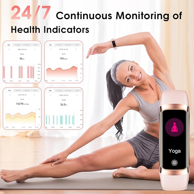 Fitness Tracker, 24/7 Heart Rate Blood Oxygen Blood Pressure Body Temp Monitor Sleep Calorie Tracker with 1.1" AMOLED Touch Color Screen Pedometer Smart Watch Waterproof for Women Men