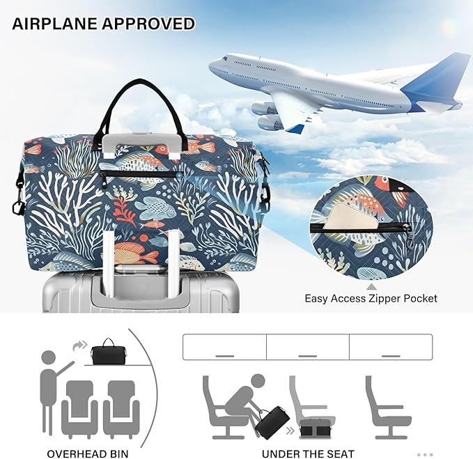 Weekender Bags Travel Duffel Gym Bag Carry on Overnight Tote Bag with Toiletry Bag for Airplane Travel Trip Gym Yoga (Ocean Animals and Plants)
