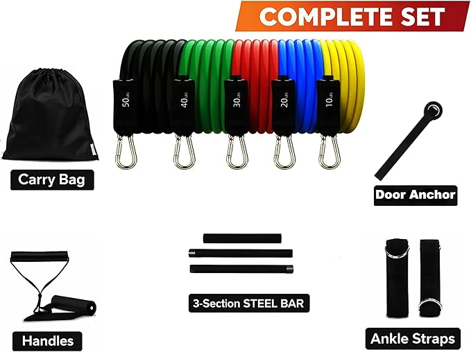 Resistance Bands Set with Steel Bar - 5 Tube Bands, Door Anchor, Handles, Ankle Straps & Carry Bag, Full Body Home Gym Kit