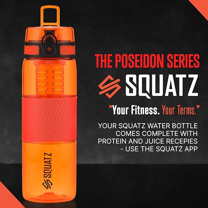 SQUATZ 24 Oz Poseidon Series Sports Water Bottle - Premium Quality Wide Mouth Gym Juice Protein Flask with Fruit Infuser Strainer, Carrying Strap, Leak Resistance, and Zero Condensation,Orange
