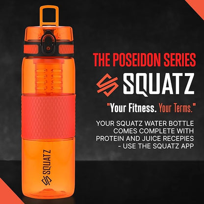 SQUATZ 24 Oz Poseidon Series Sports Water Bottle - Premium Quality Wide Mouth Gym Juice Protein Flask with Fruit Infuser Strainer, Carrying Strap, Leak Resistance, and Zero Condensation,Orange