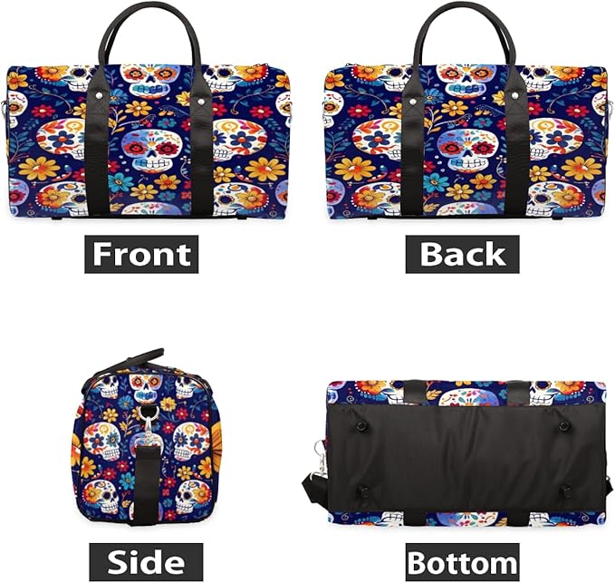 Travel Duffel Bag Skull Flower Colorful Sport Tote Gym Bag Waterproof Foldable Carryon Weekend Overnight Training Handbag Sports Duffle Bags for Women Men Boys Girls
