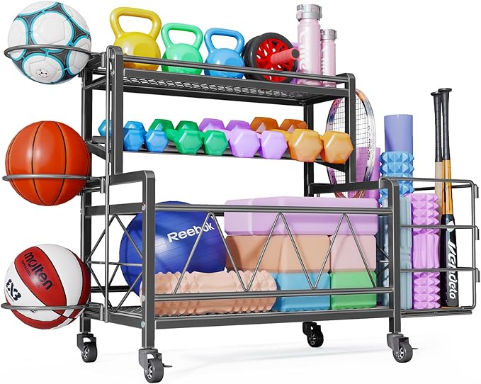Dumbbell Rack, Weight Rack for Dumbbells, High Volume Home Gym Equipment Storage for Kettlebells, Yoga Mat, Foam Roller, etc, All in One Workout Storage with Wheels and Hooks
