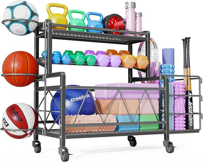 Dumbbell Rack, Weight Rack for Dumbbells, High Volume Home Gym Equipment Storage for Kettlebells, Yoga Mat, Foam Roller, etc, All in One Workout Storage with Wheels and Hooks