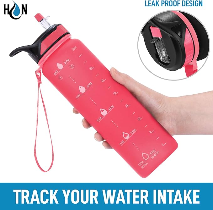 Hydration Nation (32oz Water Bottle With Time Marker - Leak Proof Water Bottles With Times To Drink For Fitness & Sports - 32oz Water Bottle With Straw For Drinking - Water Tracker Bottles (Pink)