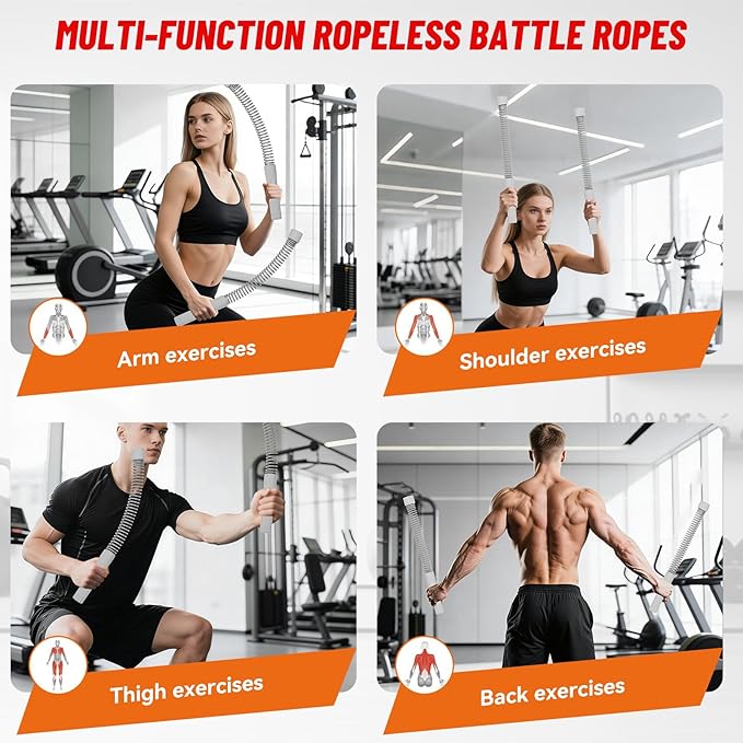 Ropeless Battle Ropes for Home Gym - Heavy Duty Cordless Workout Ropes for HIIT, Strength & Cardio Training, Portable Exercise Equipment for Men & Women, Low-Impact Fitness Rope (grey)