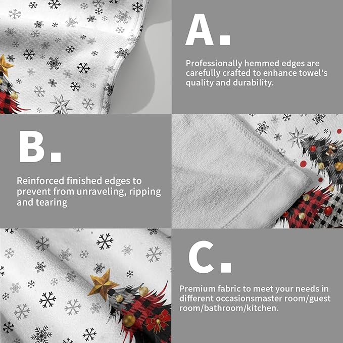Merry Christma Hand Towels Set of 2 Xmas Trees Snowflake Decorative Towel Winter Red Buffalo Plaid Thin Bath Kitchen Tea Dish Holiday Washcloths for Bathroom Spa Gym