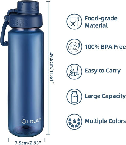 OLDLEY 32 oz Water Bottle, Sports Tritan Water Bottle with Carry Handle and Spout Lid, Leakproof & BPA Free Large Water Bottles for Home,Travel, School, Outdoors, Gym, Navy Blue