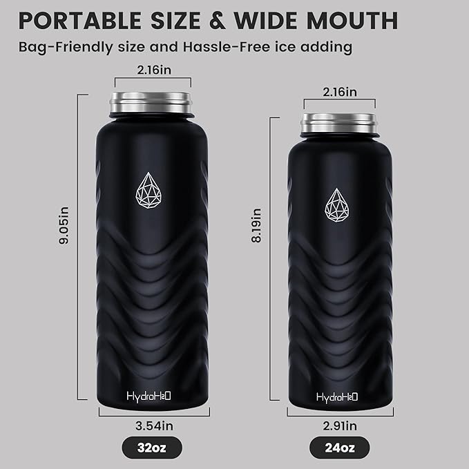 24oz Stainless Steel Insulated Water Bottle, 48H Cold & 24H Hot, Leak-Proof Wide Mouth Lids (Straw & Spout), BPA-Free Bottles, Mens Water Bottle for Gym, Hiking, Travel - Black