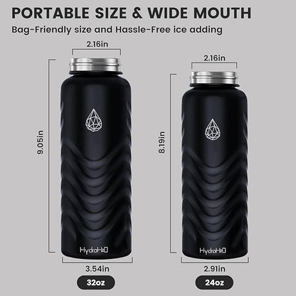24oz Stainless Steel Insulated Water Bottle, 48H Cold & 24H Hot, Leak-Proof Wide Mouth Lids (Straw & Spout), BPA-Free Bottles, Mens Water Bottle for Gym, Hiking, Travel - Black