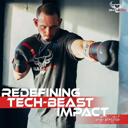 BEAST RAGE Boxing Gloves Muay Thai Kickboxing MMA Fight Bag Training Punch Hitting Workout Men Women Sparring Fitness Mitts Heavy Padded Martial Arts Sports