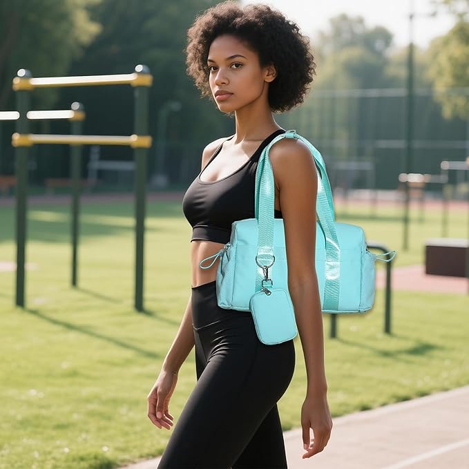 Everyday Mini Gym Bag for Women 2.0, Small Tote with Zipper Compartment Waterproof Travel Duffle Cute Handbag Workout Carry On with Removeable Shoulder Strap & Coin Wallet Easy to Clean - Blue