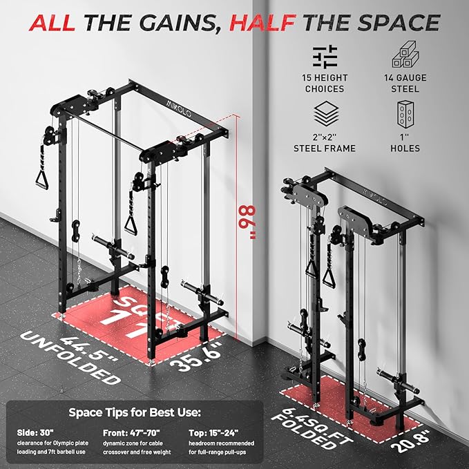 Mikolo Folding Squat Rack, Wall Mounted Power Rack with Cable Crossover Machine & LAT Pull Down, Functional Trainer with 5 Adjustable Function Modes, for Home Gym and Space Saving