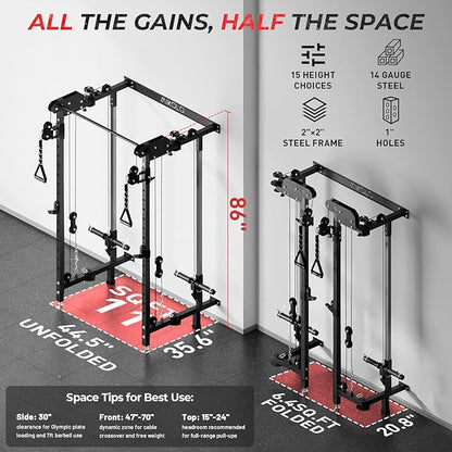 Mikolo Folding Squat Rack, Wall Mounted Power Rack with Cable Crossover Machine & LAT Pull Down, Functional Trainer with 5 Adjustable Function Modes, for Home Gym and Space Saving