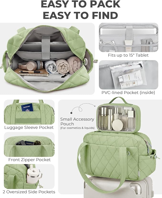 Percover Women Gym Bag with Toiletry Organizer Pouch, Quilted Workout Duffle with Compartments for Daily Fitness & Yoga, Locker-Friendly Soft Carry, Mint Green