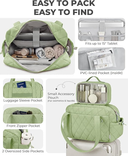 Percover Women Gym Bag with Toiletry Organizer Pouch, Quilted Workout Duffle with Compartments for Daily Fitness & Yoga, Locker-Friendly Soft Carry, Mint Green