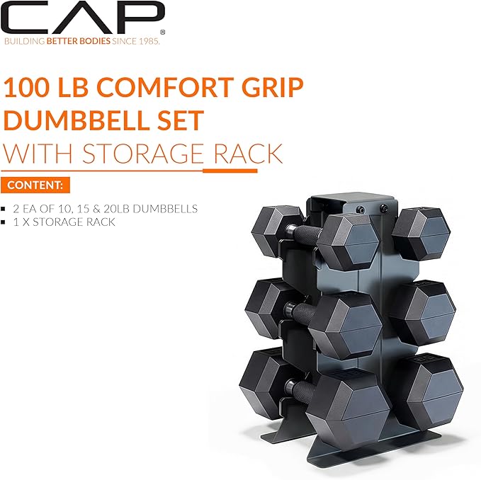 CAP Barbell Rubber Coated Hex Dumbbell Set with Vertical Rack | 100-300 lbs Free Weights Dumbbells Set for Home Gym | Multiple Options