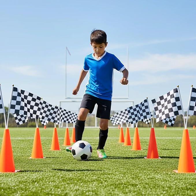 Bekith 12 Pack 12.5 Inch Plastic Traffic Cones with Racing Chequered Flags, Orange Agility Sports Cones, Thick Soccer Training Cones for Outdoor Activity, Festive Events, Fitness Training