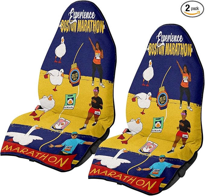 Marathon Running Duck Car Seat Covers (2-Piece Set) - Hand-Painted Race Day Design, Universal Fit for Most Sedans & SUVs, Sweat-Wicking & Quick-Dry Seat Protectors with Absorbent Towel Base