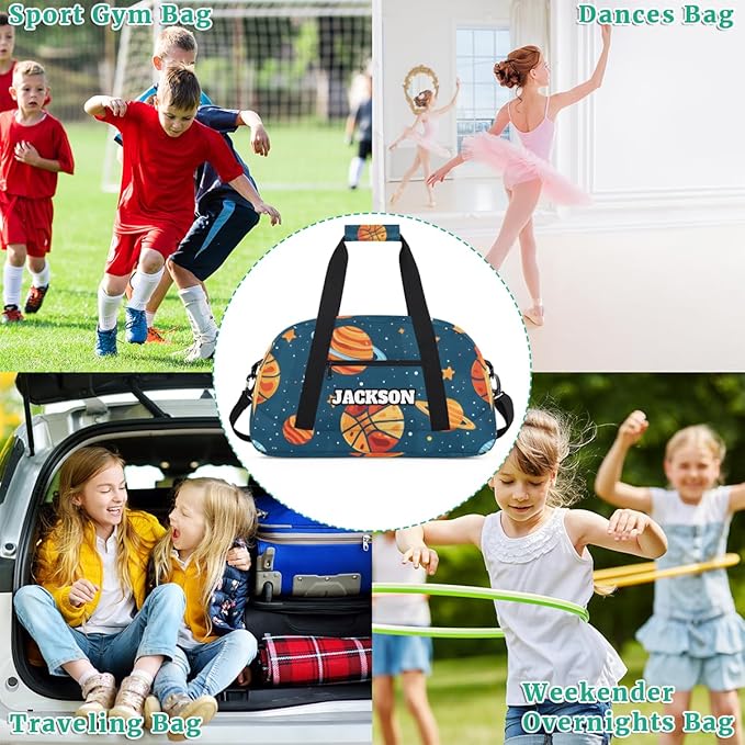 Personalized Basketball Gym Duffel Bags for Kids Boys with Custom Name Sport Travel Bags for Overnight Weekender Training, Blue Space