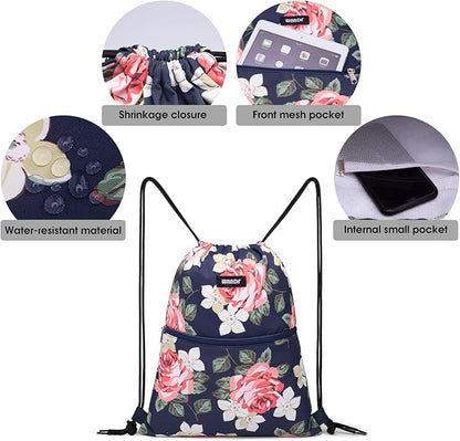 WANDF Drawstring Backpack String Bag Sackpack Cinch Water Resistant Nylon for Gym Shopping Sport Yoga (Peony)