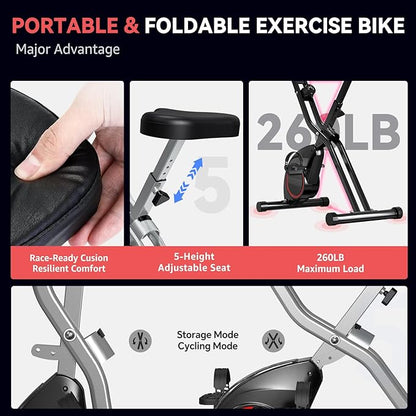 Foldable Exercise Bike for Small Apartments, Stationary Bikes for Home, Indoor Portable Cycling Bike with 16-Level Magnetic Resistance, 260LBS Capacity, 5.5 LBS Flywheel, for Small Space Workout 816