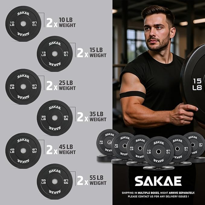 SAKAE Olympic Rubber Bumper Plates, 2-Inch Weight Plate Set with Steel Hub, Ideal for Weightlifting, CrossFit, Strength Training & Home Gym Workout, Available in Single, Pair & Sets, Multiple Sizes