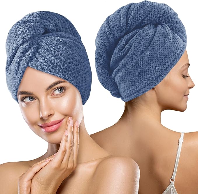 2 Pack Microfiber Hair Towel Wrap for Women Super Absorbent Quick Dry Hair Turban for Drying Curly, Long Thick Hair, Blue