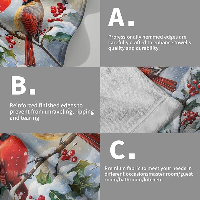 Winter Red Bird Hand Towels Pack of 2 Sweet Couple Cardinal Fingertip Towels Birds Holly Berry Branches Snow Christmas Holiday Bathroom Towels Soft Fast Drying Face Towel for Kitchen Spa Gym