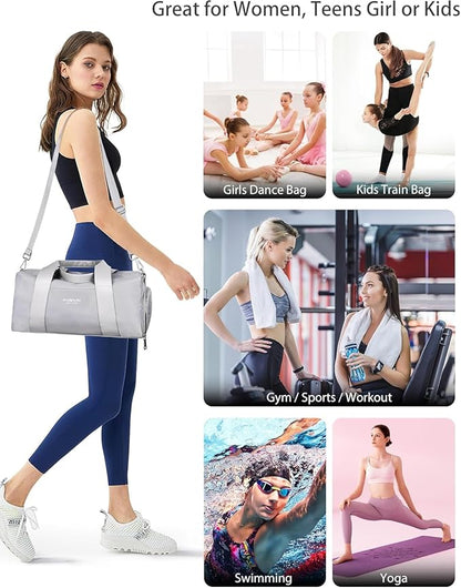 Sports Small Gym Bag for Women and Men, Cute Mini Duffle Bag with Wet Pocket & Shoes Compartment, Personal Item Travel Workout Bag, 16"-Small, Grey