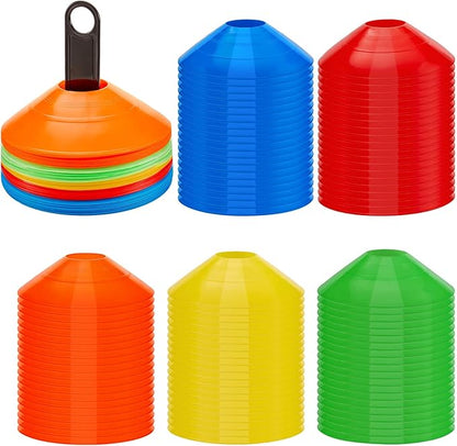 Set of 100 Soccer Cones Disc Cones Soccer Agility Cones Sports Training Cones Multicolor Field Marker Plastic Cones with 2 Holder for Kids Football Basketball Lacrosse Tennis Practice Equipment