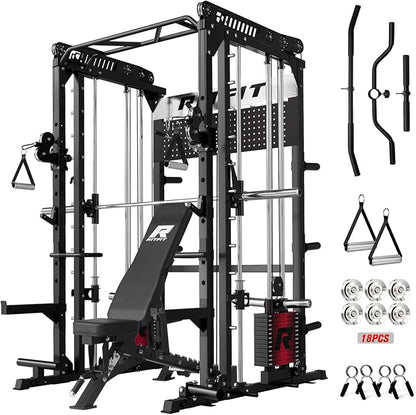 RitFit M1 Pro Smith Machine Package, All-in-One Power Cage with Weight Stack Set, Includes LAT Pulldown & Cable Crossover System for Home Gym