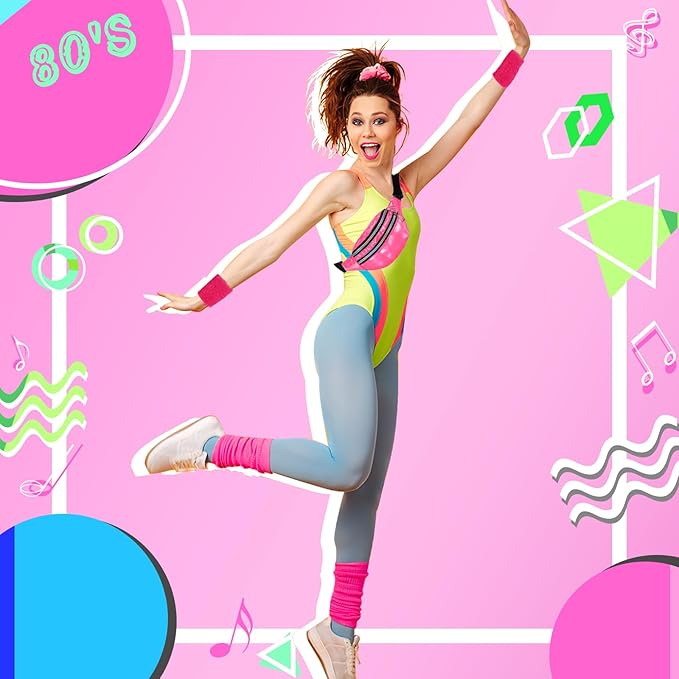 80s Neon Workout Costume Accessories Set 10 PCS Leg Warmers for Women 80s Headband Wristband Fanny Pack for Yoga Running