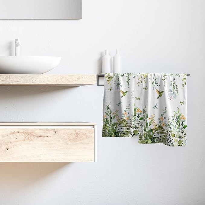 Spring Eucalyptus Leaves Kitchen Towels 14"x28" Set of 2 Green Botanical Humming Bird Decorative Soft Absorbent Hand Towels Summer Holiday Home Decor for Bathroom Gym Spa