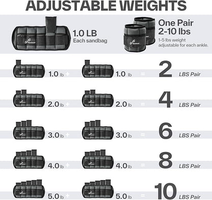 Sportneer Adjustable Ankle Weights Set - 1 Pair (2-10 lbs) Removable Sandbags for Women & Men, Comfortable Neoprene Leg Weights for Walking, Running, Pilates, Yoga, Home Workout & Physical Therapy