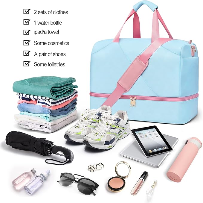 Sports Gym Bag for Women, Travel Duffle Bag with Shoe Compartment & Wet Pocket, Fitness Yoga Bag