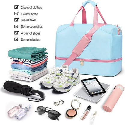 Sports Gym Bag for Women, Travel Duffle Bag with Shoe Compartment & Wet Pocket, Fitness Yoga Bag