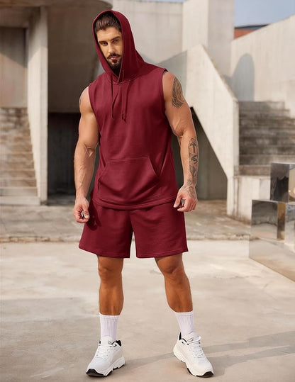 COOFANDY Mens Sleeveless Workout Hoodie Shorts Set 2 Piece Outfits Hooded Tank Tops Gym Tracksuit Sweatsuits