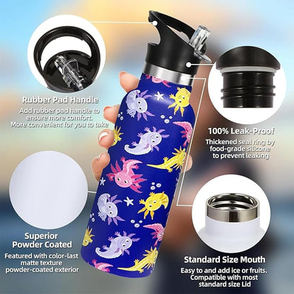Animal Axolotl Sport Water Bottle with Straw, Vacuum Insulated Stainless Steel Thermal Drinking Travel Mug Cups For Gym Fitness Camping-20oz/600ml