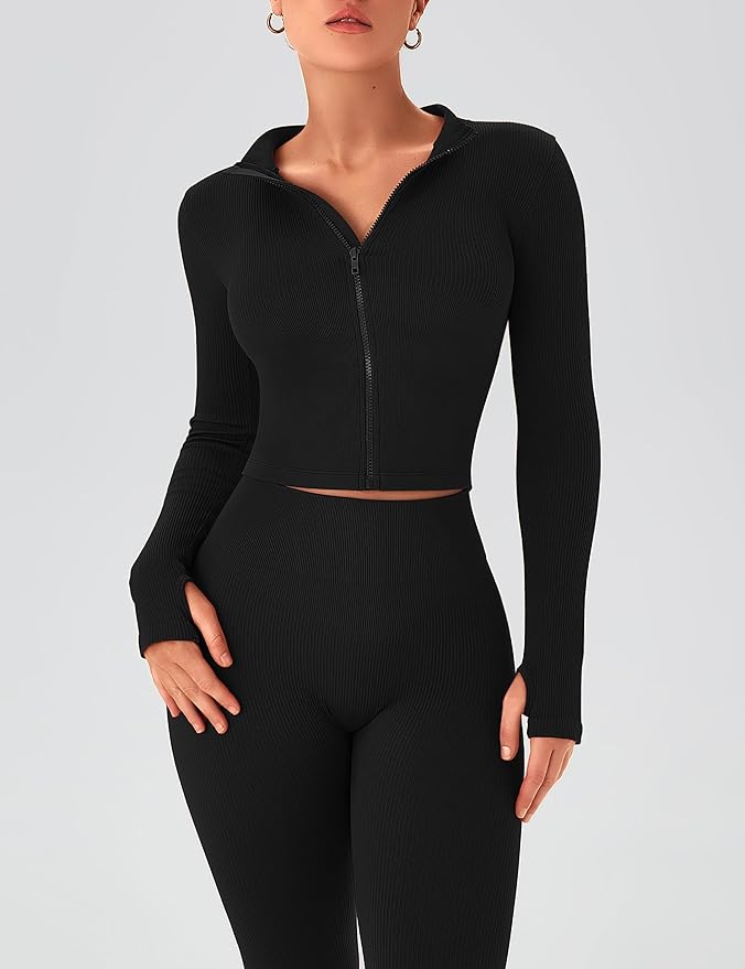 OLCHEE Womens Workout Sets 2 Piece Seamless Ribbed Long Sleeve Yoga Outfits High Waist Leggings Zipper Jacket Thumb Hole Gym