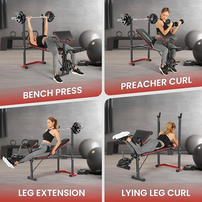 OPPSDECOR Foldable Weight Bench Set with Preacher Curl Pad and Squat Rack, 660LBS Adjustable Bench Press with Leg Extension and Leg Curl, Incline Decline Home Gym Bench for Women Teens Full Body Strength Training