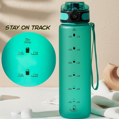 32oz Titan Water Bottle with Time-Marked, 2 Lids (Fast Flow & Straw) - BPA/BPS Free, Leak-Proof, Airtight, Reusable Water Bottle - Perfect for Sports, Hiking (Green)