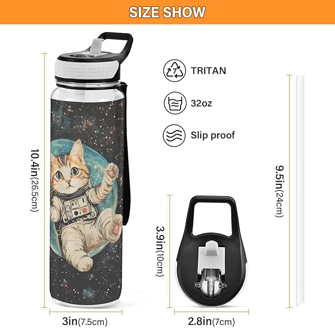 Fustylead Cute Cat Wearing Spacesuits in Space 32oz BPA Free Water Bottle, Leak-proof Bottle with Carrying Strap, Clear Sports Bottle for Running Cycling Camping