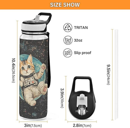 Fustylead Cute Cat Wearing Spacesuits in Space 32oz BPA Free Water Bottle, Leak-proof Bottle with Carrying Strap, Clear Sports Bottle for Running Cycling Camping