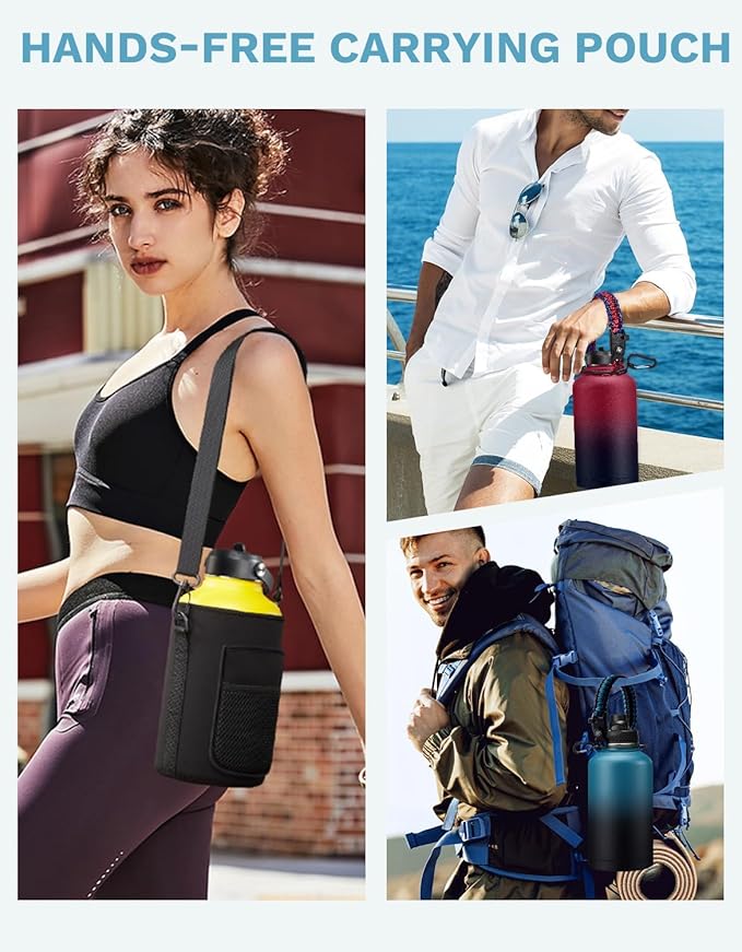 BENZZO 64 oz Water Bottle Insulated - Keep Cold 48H & Hot 24H, Half Gallon Water Jug with Paracord Handle, Straw Spout Lids, Stainless Steel Flask Canteen, Large Water Bottle for Women Men Work Sport