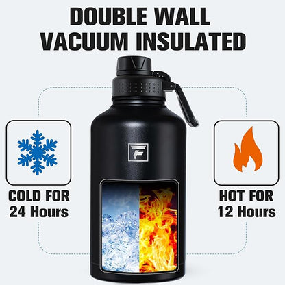 Fanhaw 64 oz Insulated Water Bottle – Large Stainless Steel Jug with 3 Lids (Straw, Spout, Carabiner) | Heavy-Duty, for Camping, Backpacking, Long Hikes & Outdoor Work (Black)