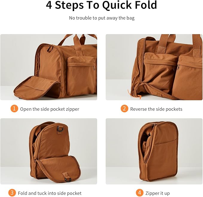 Aji Foldable Travel Duffel Bag for Women with Shoes Compartment, 3 in 1 Carry on Gym Bag with Removable Dry Wet Bag, Lightweight&Water Resistant Duffel Bag for Travel,Sports&Workout, Warm Brown