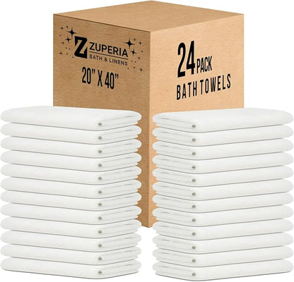 ZUPERIA White Bath Towels Bulk 24 Pack (20 x 40 Inches) - 100% Cotton Economy Light Weight Towels for Commercial Use - Quick Dry, Ultra-Soft, and Absorbent Bulk Towels