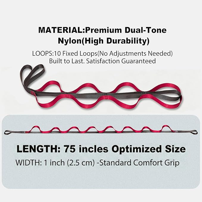 Stretching Strap with 10 Loops – Non-Elastic Yoga Strap for Physical Therapy, Knee Replacement Recovery & Plantar Fasciitis – Leg Stretcher Band for Flexibility & Hamstring Rehab