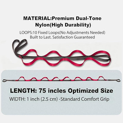 Stretching Strap with 10 Loops – Non-Elastic Yoga Strap for Physical Therapy, Knee Replacement Recovery & Plantar Fasciitis – Leg Stretcher Band for Flexibility & Hamstring Rehab